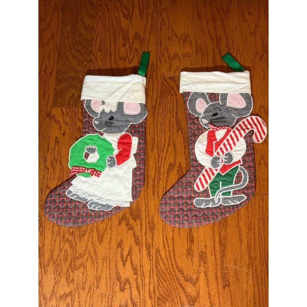 Vintage MON AMI Set of 2 Quilted Christmas Stocking Mouse Applique Burgundy GUC